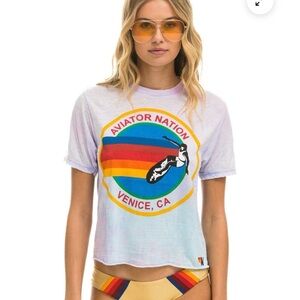 Aviator Nation White Tie-Dye Logo Tee with Rainbow Graphic